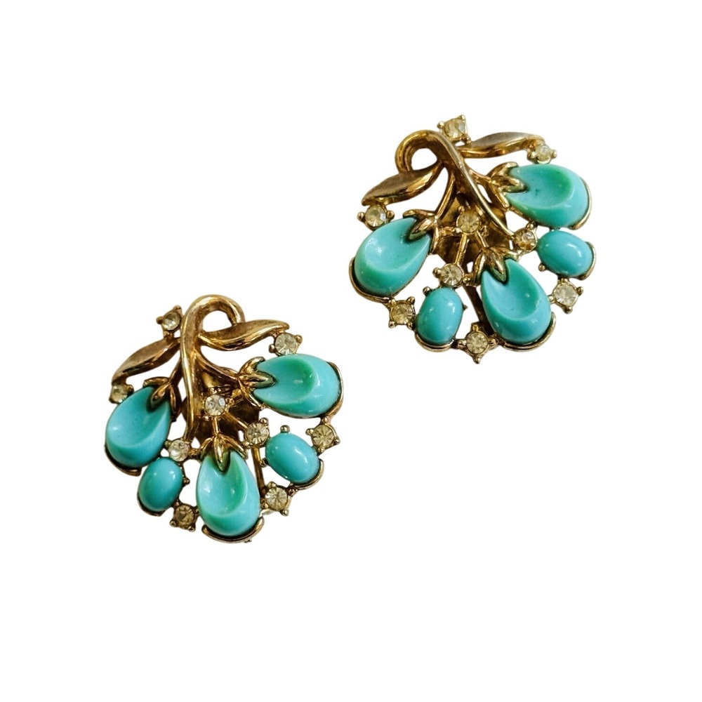 VTG Crown Trifari Signed Clip Earrings‎ Gold Blue Pebble Beach Rhinestone Lucite